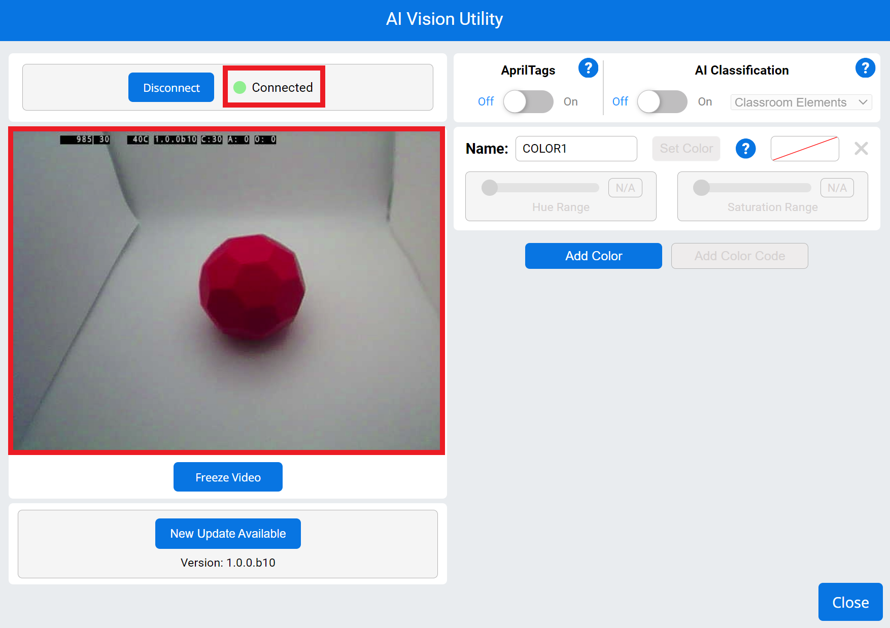 Το AI Vision Utility ανοίγει σε VEXcode EXP. Η τρέχουσα προβολή του αισθητήρα AI Vision Sensor εμφανίζεται και επισημαίνεται. Παραπάνω, επισημαίνεται επίσης μια πράσινη κατάσταση Συνδεδεμένο, για να υποδείξει ότι η σύνδεση είναι επιτυχής.