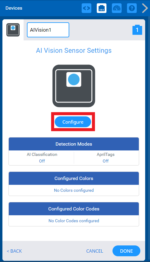 Μενού ρυθμίσεων αισθητήρα όρασης AI στο VEXcode EXP με τον αισθητήρα να φέρει την ετικέτα AIVision1. Εμφανίζεται ένα μεγάλο εικονίδιο αισθητήρα όρασης AI και από κάτω, επισημαίνεται ένα μπλε κουμπί με την ένδειξη Ρύθμιση παραμέτρων.