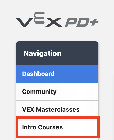 Μενού πλοήγησης του πίνακα ελέγχου VEX PD+ με επισημασμένη την επιλογή Εισαγωγικά Μαθήματα.