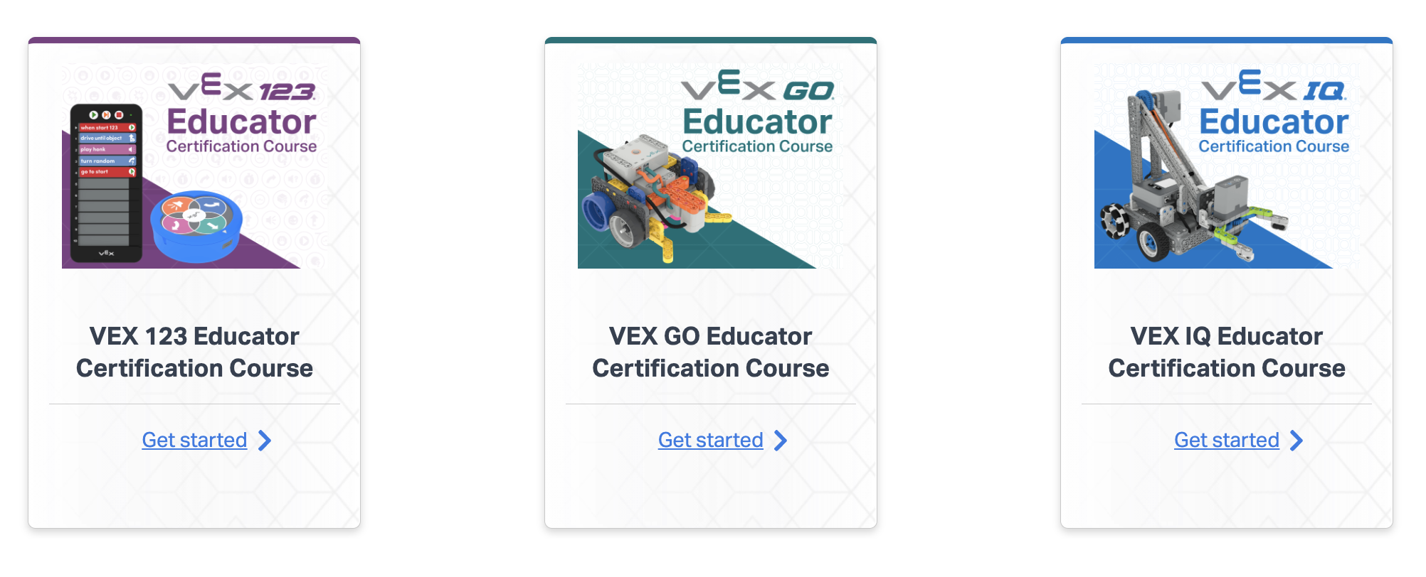 Σελίδα VEX PD+ που εμφανίζει επιλογές μαθημάτων πιστοποίησης εκπαιδευτικών για τις πλατφόρμες VEX 123, GO και IQ.