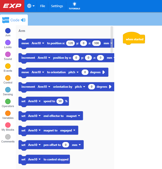 Εργαλειοθήκη μπλοκ VEXcode EXP με την κατηγορία μπλοκ Arm τώρα διαθέσιμη.