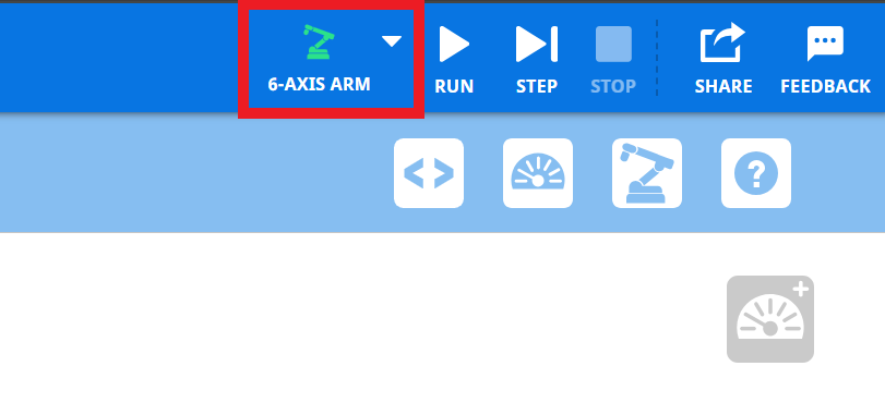 Γραμμή εργαλείων VEXcode EXP με το εικονίδιο του βραχίονα 6 αξόνων να είναι πράσινο και να επισημαίνεται για να υποδεικνύει ότι είναι συνδεδεμένος και ενημερωμένος.