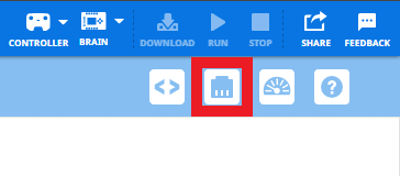 VEXcode EXP με το εικονίδιο Συσκευές επισημασμένο στη Γραμμή Εργαλείων ανάμεσα στα εικονίδια Προβολής Κώδικα και Οθόνης.