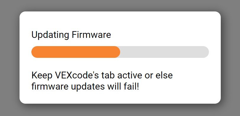 VEXcode EXP Μήνυμα ενημέρωσης υλικολογισμικού με γραμμή προόδου.