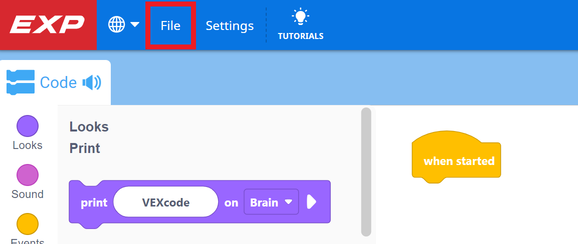 Γραμμή εργαλείων VEXcode EXP με επισημασμένο το μενού Αρχείο.