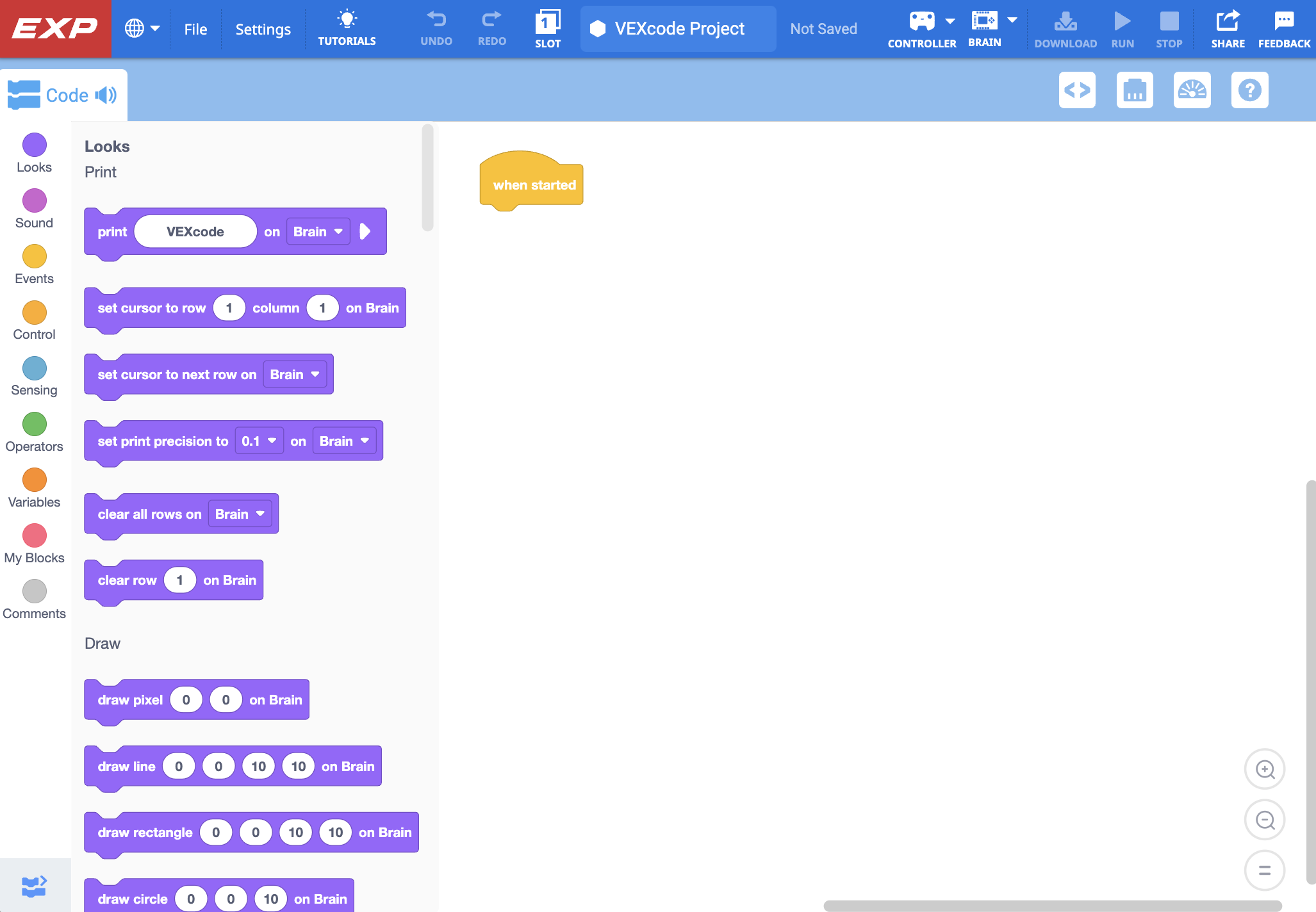 VEXcode EXP με ανοιχτό ένα προεπιλεγμένο κενό έργο.