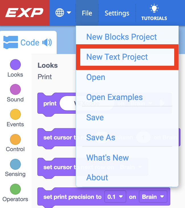 VEXcode EXP με την επιλογή Νέο έργο κειμένου επισημασμένη στο αναπτυσσόμενο μενού Αρχείο.