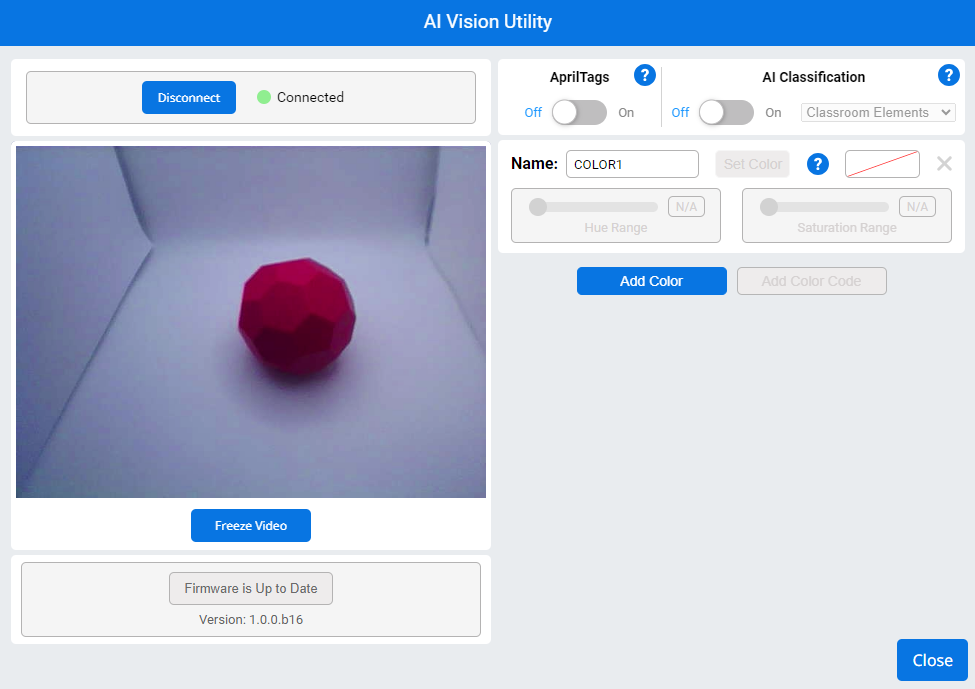 Το AI Vision Utility ανοίγει σε VEXcode EXP. Η ροή βίντεο του αισθητήρα AI Vision Sensor εμφανίζεται και λειτουργεί. Παραπάνω, επισημαίνεται μια πράσινη κατάσταση Συνδεδεμένο για να υποδείξει ότι η σύνδεση είναι επιτυχής.