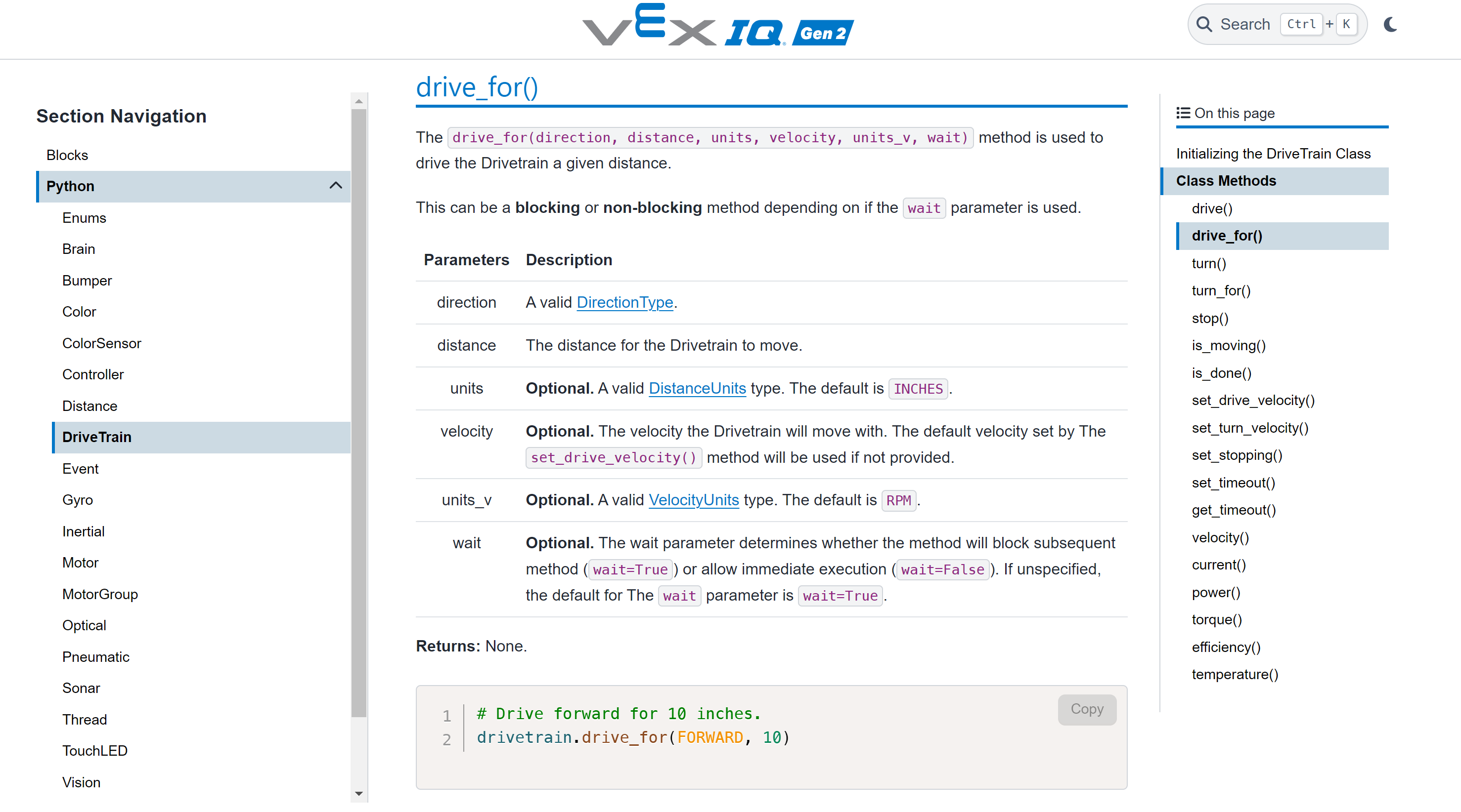 Σελίδα τεκμηρίωσης VEXcode IQ API για την εντολή drive_for Python. Οι σελίδες API περιλαμβάνουν εξηγήσεις, λειτουργίες και παραδείγματα έργων για κάθε εντολή Block και κειμένου.