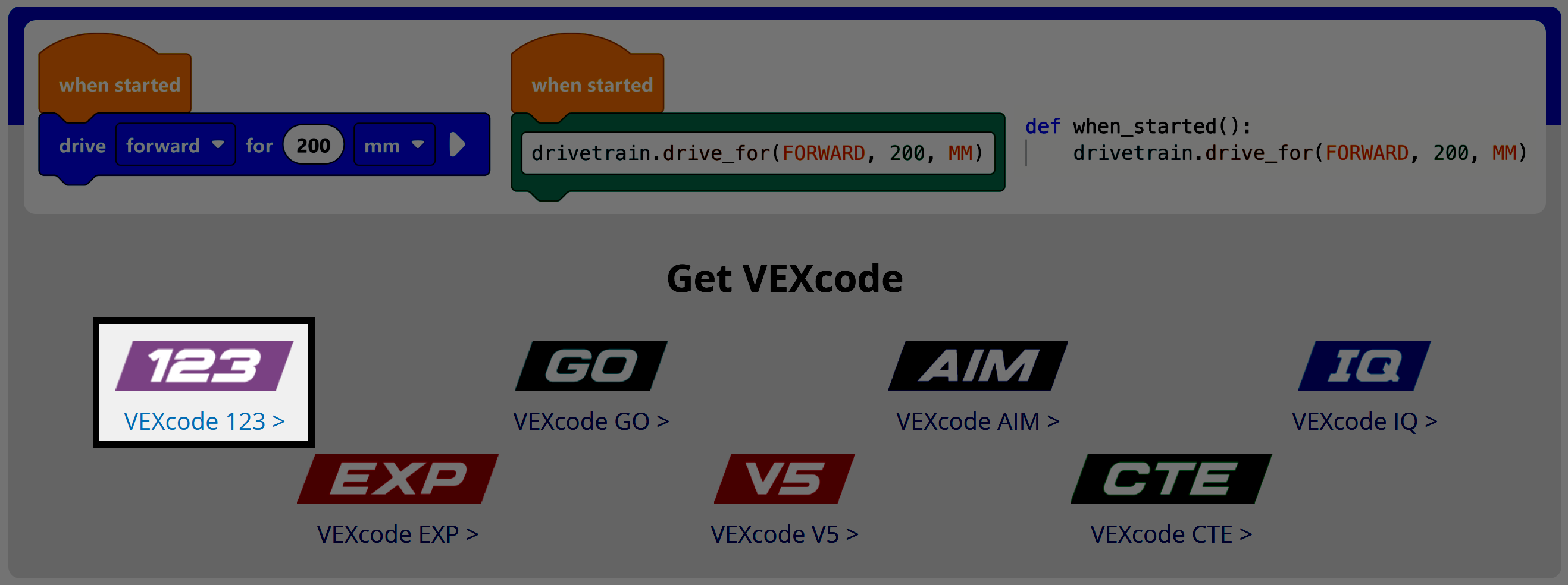 Στιγμιότυπο οθόνης της ενότητας "Λήψη VEXcode τώρα" της σελίδας VEXcode, με έναν επισημασμένο σύνδεσμο για λήψη του VEXcode 123 στην κατηγορία "Μπλοκ".