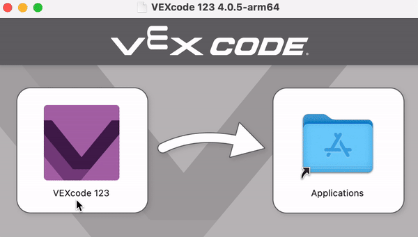 Οθόνη εγκατάστασης του VEXcode 123 με έναν κέρσορα που επιλέγει το εικονίδιο της εφαρμογής VEX 123 και το σύρει στον φάκελο Εφαρμογές.