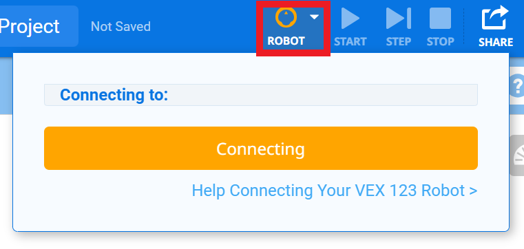 VEXcode 123 με ένα πορτοκαλί εικονίδιο ρομπότ στη γραμμή εργαλείων που υποδεικνύει ότι συνδέεται.