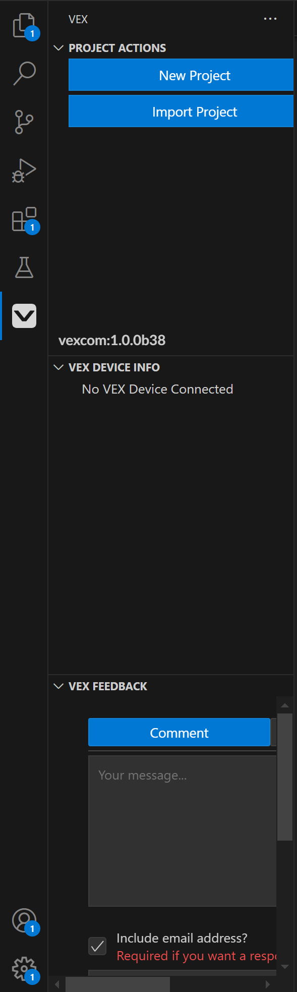 VS Code VEX View που εμφανίζει επιλογές για τη δημιουργία και την εισαγωγή έργων παραπάνω, το μενού VEX Device Info παρακάτω και ένα μενού σχολίων στο κάτω μέρος.
