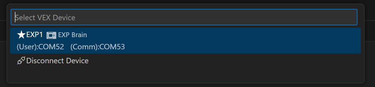 Γραμμή αναζήτησης VS Code με μια λίστα γρήγορης επιλογής όλων των συνδεδεμένων συσκευών VEX. Σε αυτό το παράδειγμα, υπάρχει μόνο μία συνδεδεμένη συσκευή VEX και διαβάζει το EXP1 Brain.