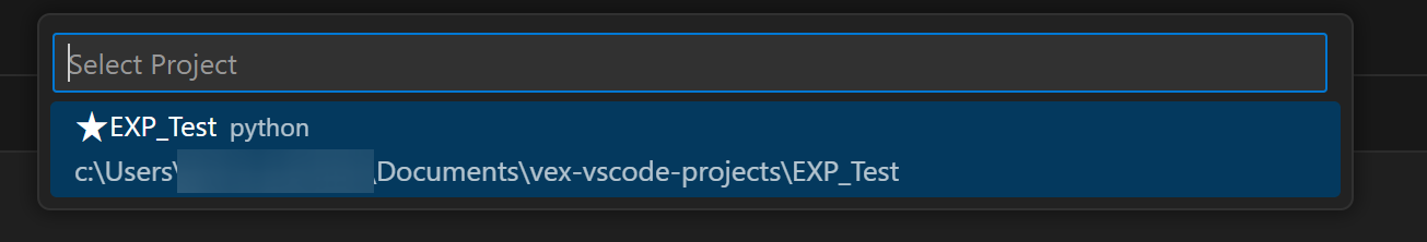 Γραμμή αναζήτησης VS Code με λίστα γρήγορης επιλογής αποθηκευμένων έργων VEX. Σε αυτό το παράδειγμα, υπάρχει μόνο ένα έργο VEX και διαβάζει EXP_Test.