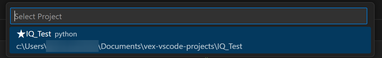 Γραμμή αναζήτησης VS Code με λίστα γρήγορης επιλογής αποθηκευμένων έργων VEX. Σε αυτό το παράδειγμα, υπάρχει μόνο ένα έργο VEX και διαβάζει IQ_Test.