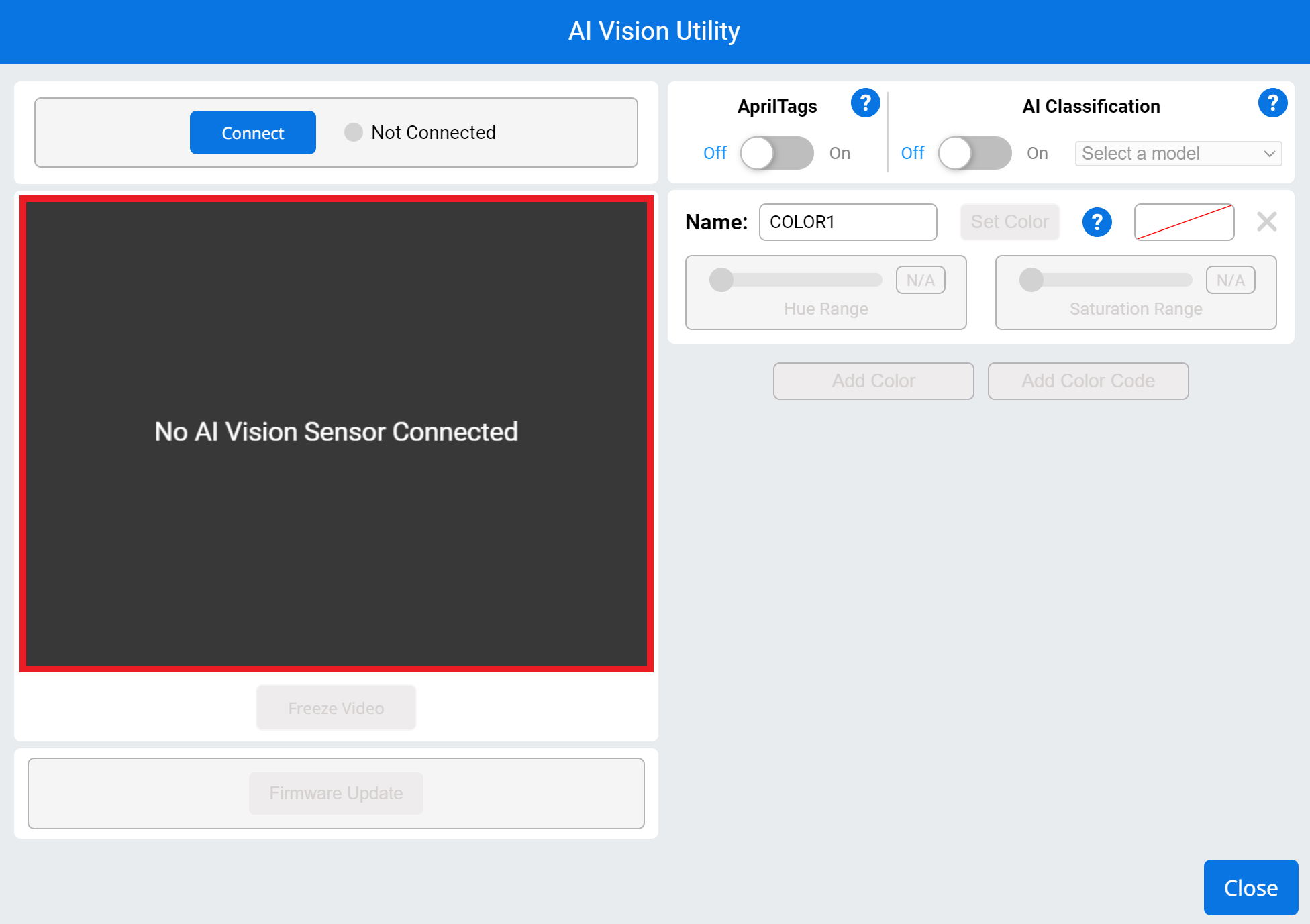 Βοηθητικό πρόγραμμα AI Vision χωρίς συνδεδεμένο αισθητήρα. Το παράθυρο ροής βίντεο είναι κενό και εμφανίζει την ένδειξη Δεν υπάρχει συνδεδεμένος αισθητήρας όρασης AI.