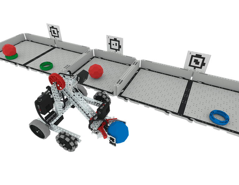 EXP Clawbot με αισθητήρα AI Vision Sensor που πλοηγείται σε δωμάτια με ετικέτες April για συλλογή και παράδοση Buckyballs και Rings σε πλακίδια EXP.