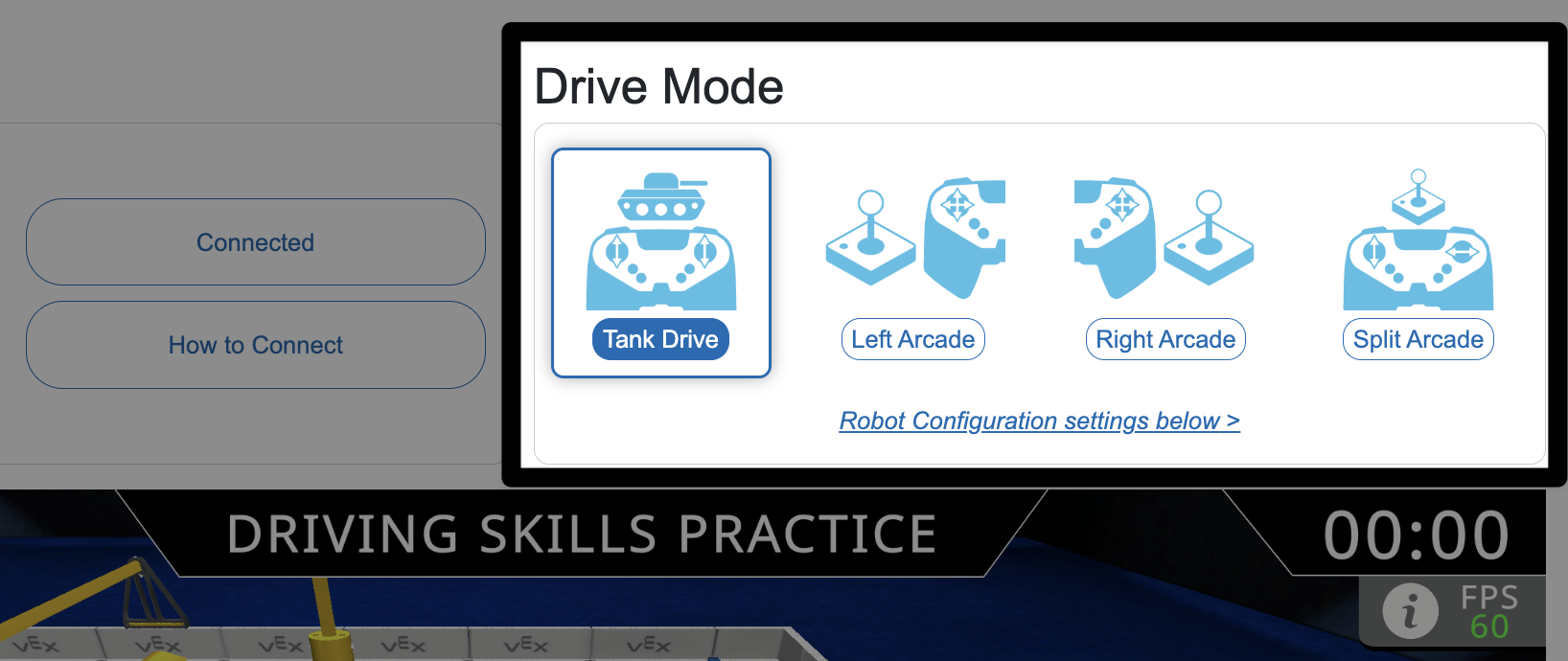 Una captura de pantalla de la parte superior derecha de la pantalla sobre la ventana de práctica dice Modo de conducción y muestra cuatro opciones. Se selecciona Tank Drive y junto a él se muestran las Arcade izquierda, Arcade derecha y Arcade dividida.