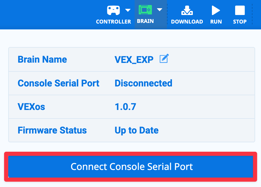 VEXcode EXP με ανοιχτό το αναπτυσσόμενο μενού Brain και έναν Brain ήδη συνδεδεμένο. Η κατάσταση της σειριακής θύρας κονσόλας είναι Αποσυνδεδεμένη και το κουμπί παρακάτω είναι επισημασμένο και αναφέρει Σύνδεση σειριακής θύρας κονσόλας.