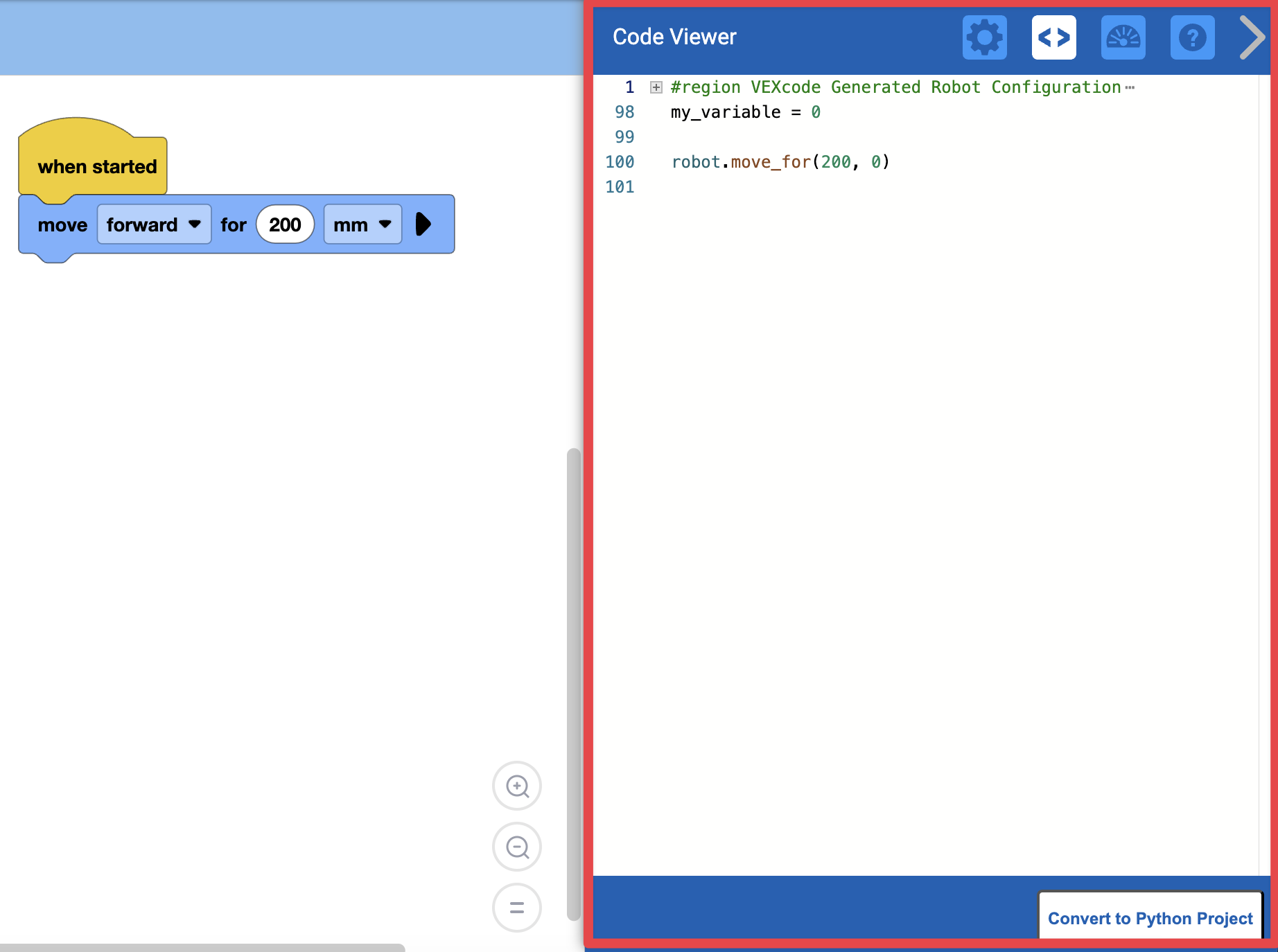 Η δεξιά πλευρά του VEXcode AIM εμφανίζει ανοιχτό το παράθυρο Code Viewer, με την εντολή Python για τα μπλοκ When started και Move for που βρίσκονται στον χώρο εργασίας. Η Python διαβάζει την τελεία-ρομπότ, μετακινώντας την κάτω παύλα για άνοιγμα παρενθέσεων 200, κόμμα 0, κλείσιμο παρενθέσεων.