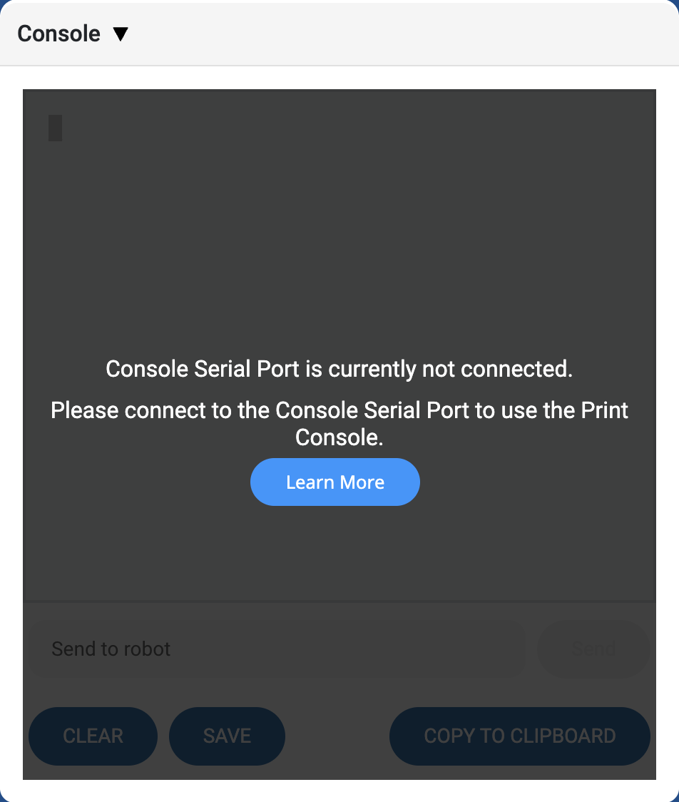 Στιγμιότυπο οθόνης της κονσόλας VEXcode AIM. Εμφανίζεται ένα μήνυμα σφάλματος που εξηγεί ότι η σειριακή θύρα της κονσόλας δεν είναι συνδεδεμένη αυτήν τη στιγμή, επομένως η κονσόλα δεν είναι διαθέσιμη.