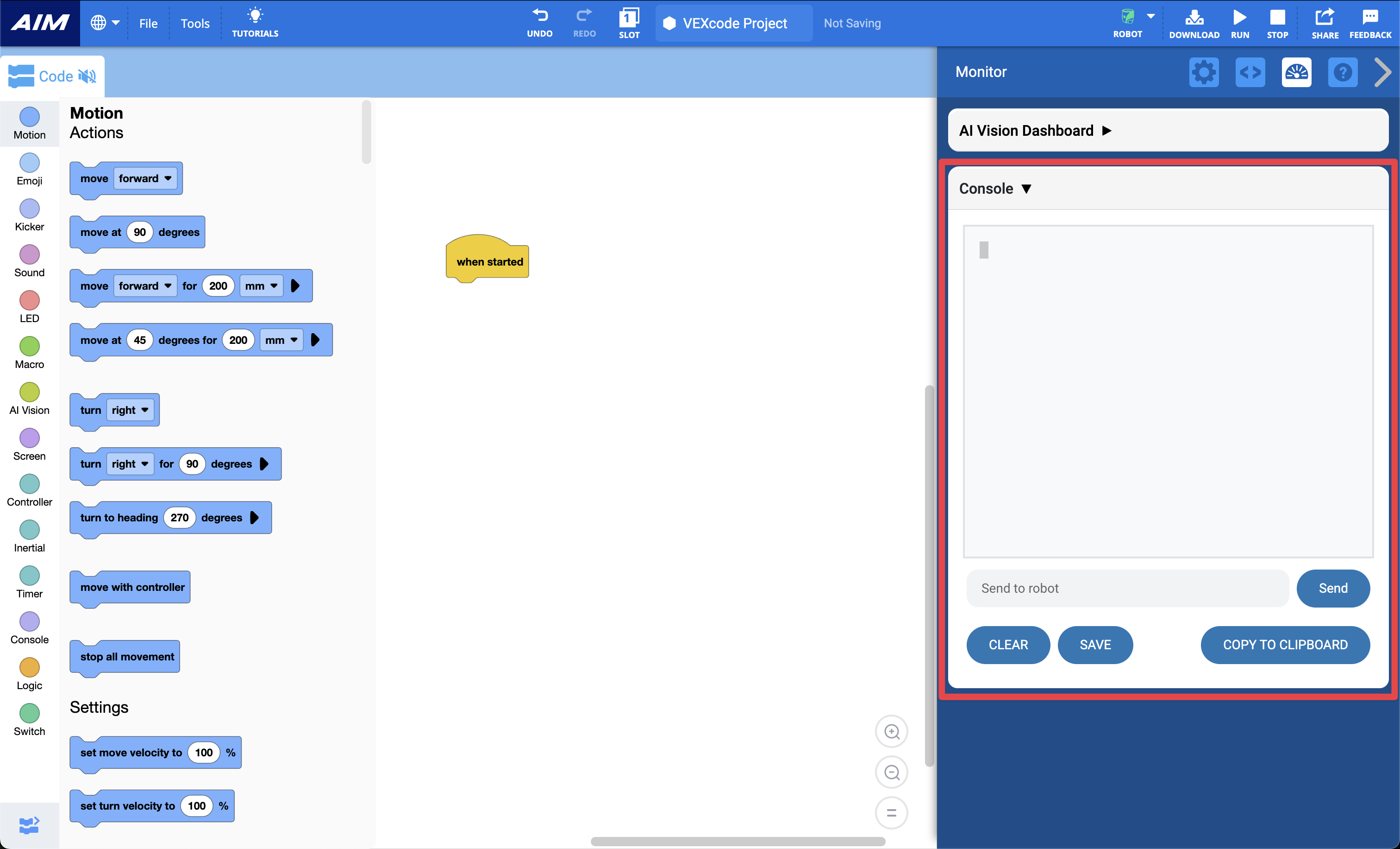 Κονσόλα παρακολούθησης VEXcode AIM. Μια επισήμανση βρίσκεται στο κάτω μισό της κονσόλας που υποδεικνύει την Κονσόλα.