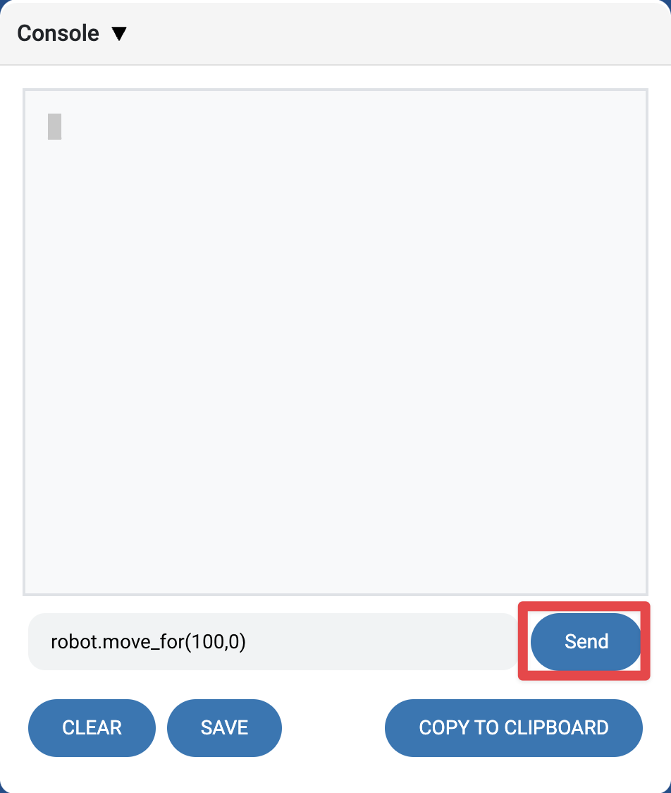 Κονσόλα VEXcode AIM με κείμενο μέσα στο πλαίσιο κειμένου. Εμφανίζεται μια επισήμανση στο κουμπί Αποστολή.