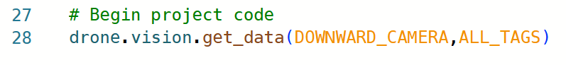 Γραμμή κώδικα Python χρησιμοποιώντας drone vision get_data με ορίσματα DOWNWARD_CAMERA και ALL_TAGS.
