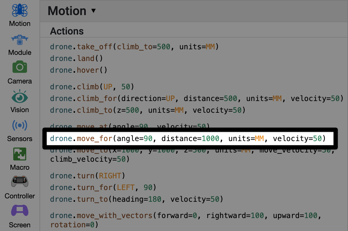 Η διεπαφή Python του VEXcode εμφανίζει μια επισημασμένη γραμμή κώδικα: drone.move_for(angle=90, distance=1000, units=MM, velocity=50).
