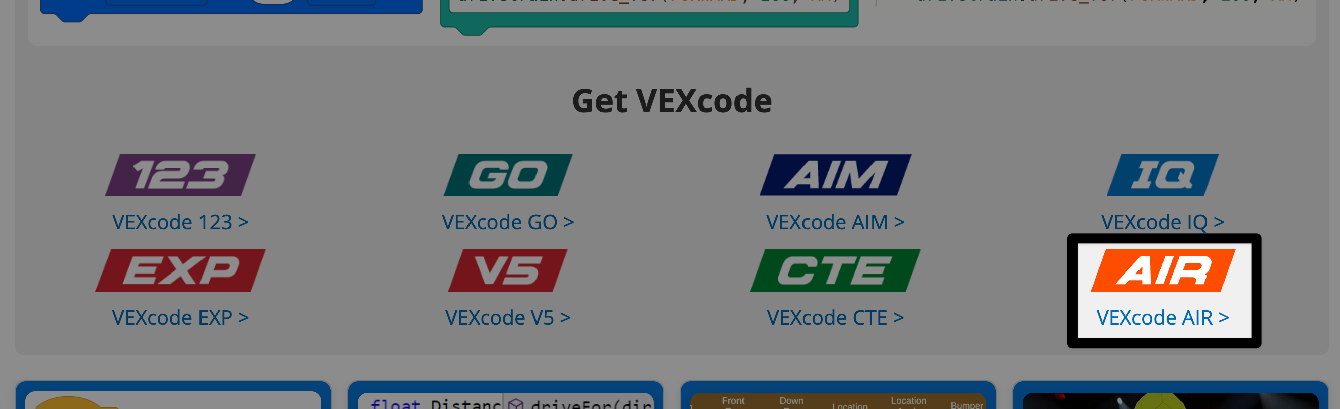 Στιγμιότυπο οθόνης του code.vex.com, με την ενότητα Λήψη VEXcode. Και ένα πλαίσιο επεξήγησης γύρω από τον VEXcode AIR.