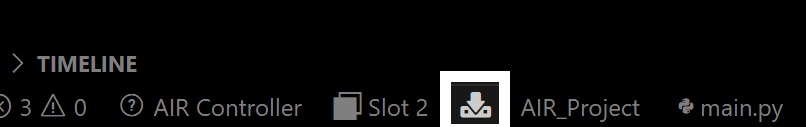 Χρονική γραμμή κώδικα Visual Studio που εμφανίζει τον ελεγκτή AIR συνδεδεμένο στην υποδοχή 2, με φορτωμένα τα αρχεία AIR_Project και main.py. Το κουμπί λήψης είναι επισημασμένο.