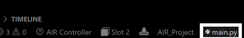 Γραμμή κατάστασης κώδικα Visual Studio που εμφανίζει τον ελεγκτή AIR στην υποδοχή 2 με φορτωμένο το AIR_Project και επισημασμένο το αρχείο main.py