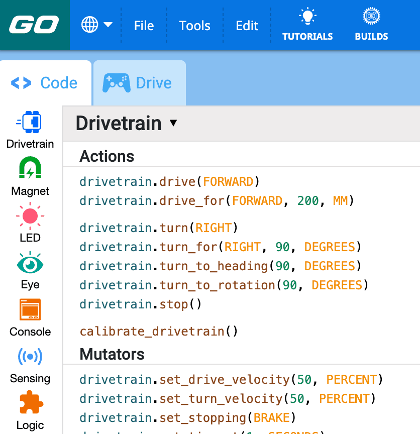Έργο Python στο VEXcode GO με ανοιχτό το Python Toolbox