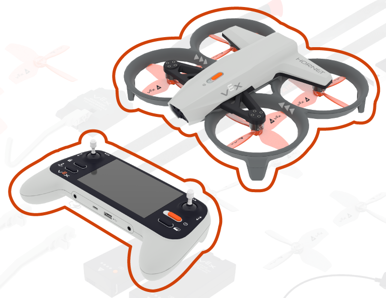 Χειριστήριο και drone το ένα δίπλα στο άλλο. Το φόντο δείχνει μια ποικιλία από κομμάτια του κιτ AIR..