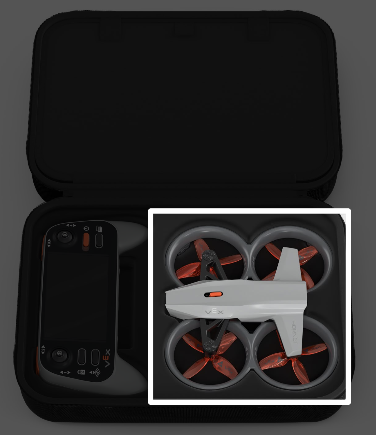 Θήκη κιτ drone VEX AIR με ένδειξη επεξήγησης στο drone.