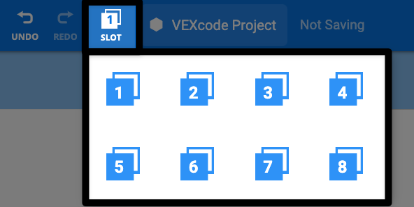 VEXcode AIR टूलबार का केंद्र, जिसमें प्रोजेक्ट नाम डायलॉग बॉक्स के बाईं ओर स्लॉट 1 आइकन हाइलाइट किया गया है, और नीचे उपलब्ध स्लॉट 1-8 क्रमांकित हैं।