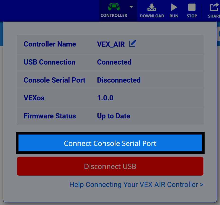 VEXcode में ड्रोन मेनू में एक हरा रोबोट आइकन दिखाई देता है, और यह नीचे की ओर हाइलाइट किए गए कनेक्ट कंसोल सीरियल पोर्ट बटन के साथ खुला हुआ है।