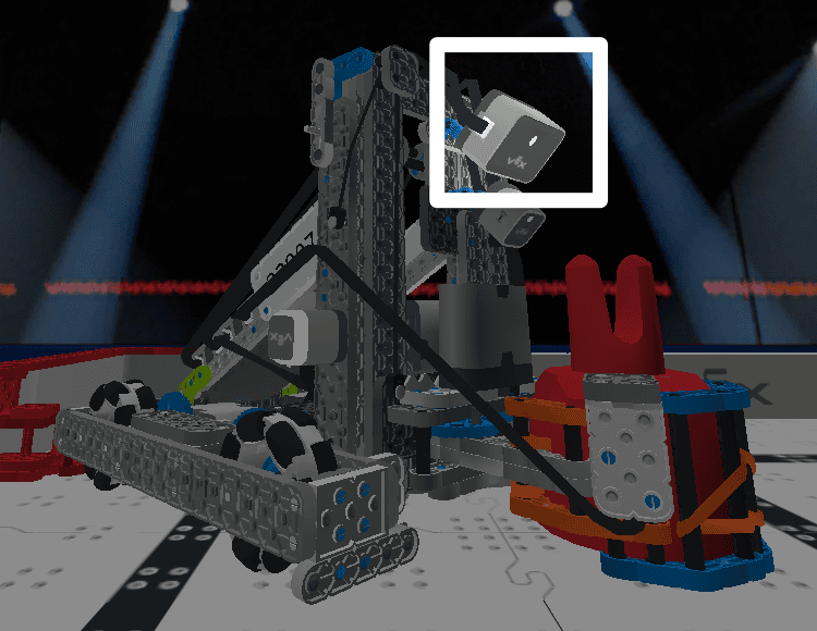Αισθητήρας όρασης IQ AI τοποθετημένος σε ένα VEX IQ Herobot Huey, επισημασμένος για να αναγνωρίζει τη θέση του αισθητήρα στην κορυφή του ανυψωτήρα