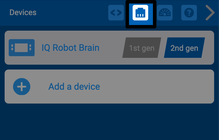 Μενού συσκευής VEXcode IQ. Το εικονίδιο της συσκευής, το οποίο είναι δεύτερο από αριστερά, επισημαίνεται.