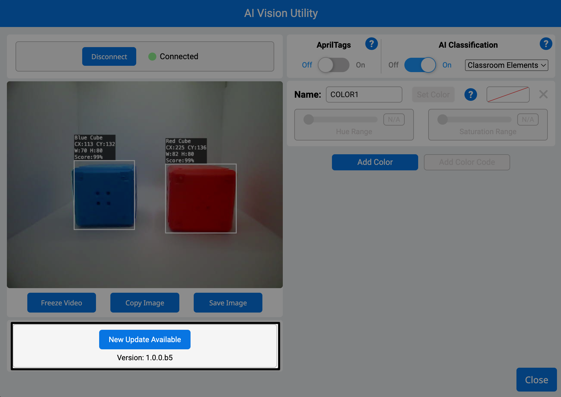 Βοηθητικό πρόγραμμα VEXcode IQ AI Vision με νέο κουμπί διαθέσιμης ενημέρωσης και επισημασμένη έκδοση 1.0.0.b5
