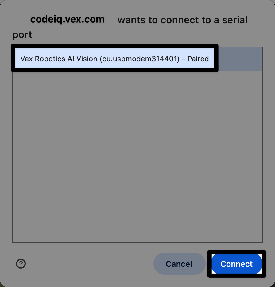 codeiq.vex.com एक सीरियल पोर्ट से कनेक्ट करना चाहता है। इसके बाद VEX रोबोटिक्स एआई विजन का पोर्ट चुना जाता है और उसे हाइलाइट किया जाता है। नीचे दाईं ओर स्थित कनेक्ट बटन भी हाइलाइट हो गया है।