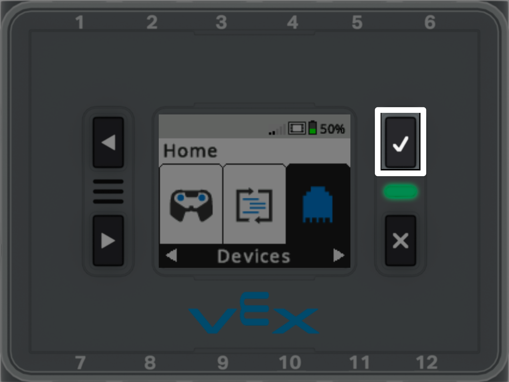 Εγκέφαλος VEX IQ με επισημασμένο το σημάδι ελέγχου