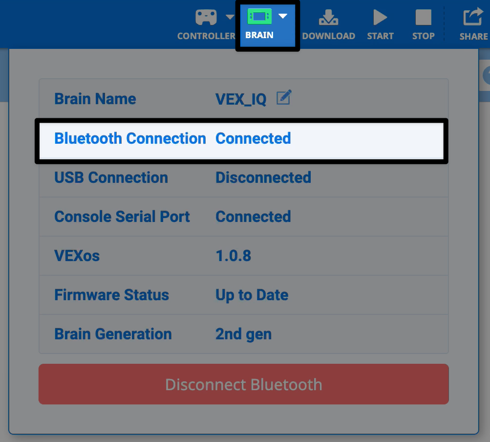 VEXcode IQ के खुले हुए भाग के ऊपरी दाएं कोने में स्थित ब्रेन मेनू का एक क्लोज-अप स्क्रीनशॉट। ब्रेन आइकन हरा है, और मेनू की ब्लूटूथ कनेक्शन पंक्ति में कनेक्शन लिखा हुआ है, जो दर्शाता है कि ब्रेन सफलतापूर्वक कनेक्ट हो गया है।