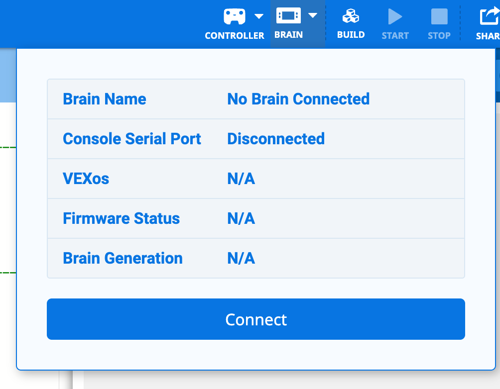 VEXcode IQ με ανοιχτό το αναπτυσσόμενο μενού Brain και χωρίς συνδεδεμένο Brain.
