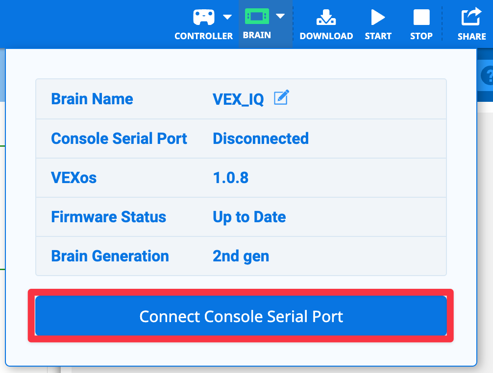 VEXcode IQ में ब्रेन ड्रॉपडाउन मेनू खुला हुआ है और एक ब्रेन पहले से ही कनेक्टेड है। कंसोल सीरियल पोर्ट की स्थिति डिस्कनेक्टेड है, और नीचे दिया गया बटन हाइलाइटेड है और उस पर "कंसोल सीरियल पोर्ट कनेक्ट करें" लिखा हुआ है।