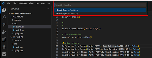 Στιγμιότυπο οθόνης της διεπαφής VEX V5 VS Code Extension, που παρουσιάζει χαρακτηριστικά και επιλογές που είναι διαθέσιμες για τον προγραμματισμό ρομποτικής VEX, συμπεριλαμβανομένων εργαλείων επεξεργασίας κώδικα και λειτουργιών διαχείρισης έργων.