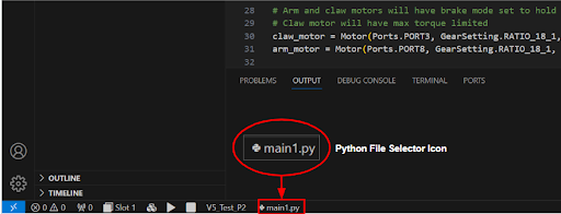 Στιγμιότυπο οθόνης της διεπαφής VEX V5 VS Code Extension, που παρουσιάζει διάφορες λειτουργίες και εργαλεία που είναι διαθέσιμα για τον προγραμματισμό ρομποτικής VEX, όπως επεξεργασία κώδικα, επιλογές εντοπισμού σφαλμάτων και διαχείριση έργων.