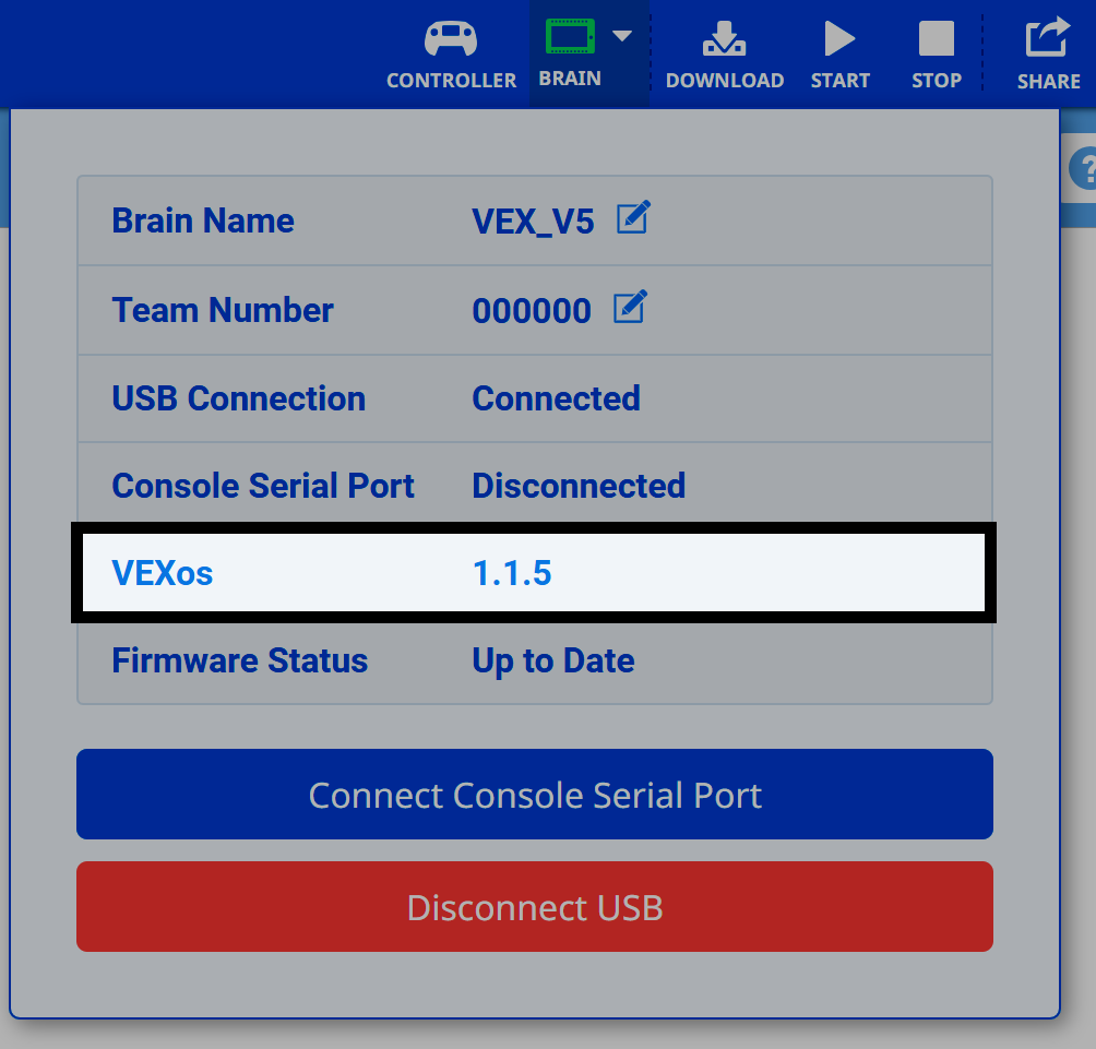 VEXcode V5 ब्रेन सूचना पैनल में VEXos संस्करण 1.1.5 हाइलाइट किया गया है, USB कनेक्टेड है, कंसोल सीरियल पोर्ट डिस्कनेक्टेड है, और फर्मवेयर की स्थिति अप-टू-डेट है।