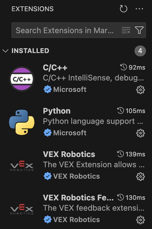 VS Code 확장 프로그램 사이드 메뉴가 열리고 설치된 4개의 확장 프로그램이 목록에 표시됩니다. 설치된 확장 프로그램에는 C/C++, Python, VEX Robotics, VEX Robotics Feedback이 있습니다.